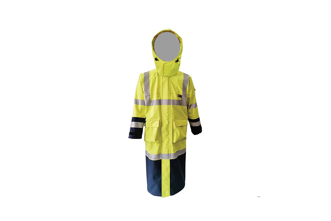 0622_LC_Neilsen Long, neon yellow and navy trench coat. Image by Neilsen Clothing.