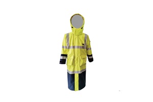 Long, neon yellow and navy trench coat. Image by Neilsen Clothing.
