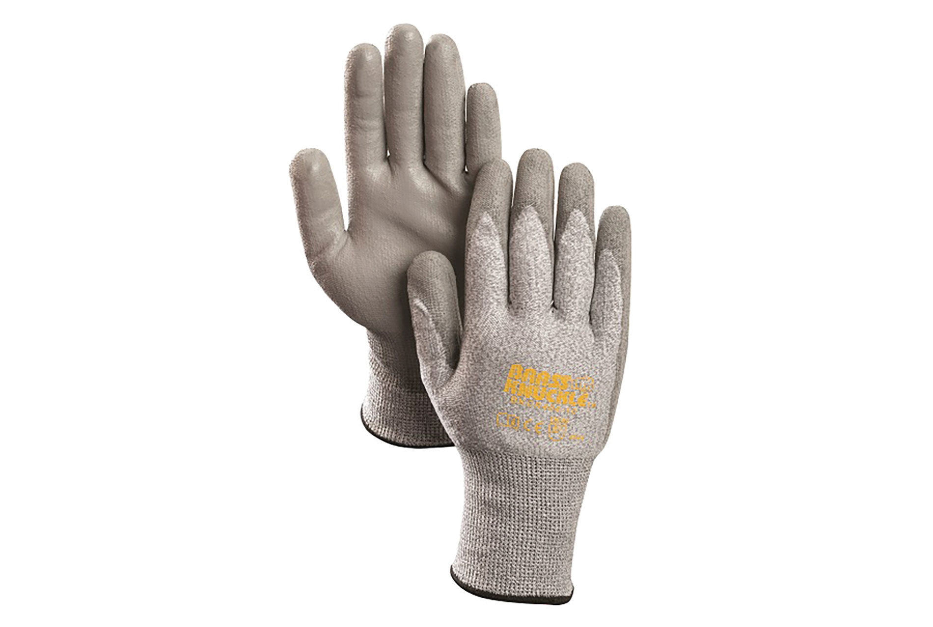 Gray gloves with yellow logo. Image by Brass Knuckle.