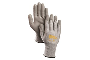 Gray gloves with yellow logo. Image by Brass Knuckle.