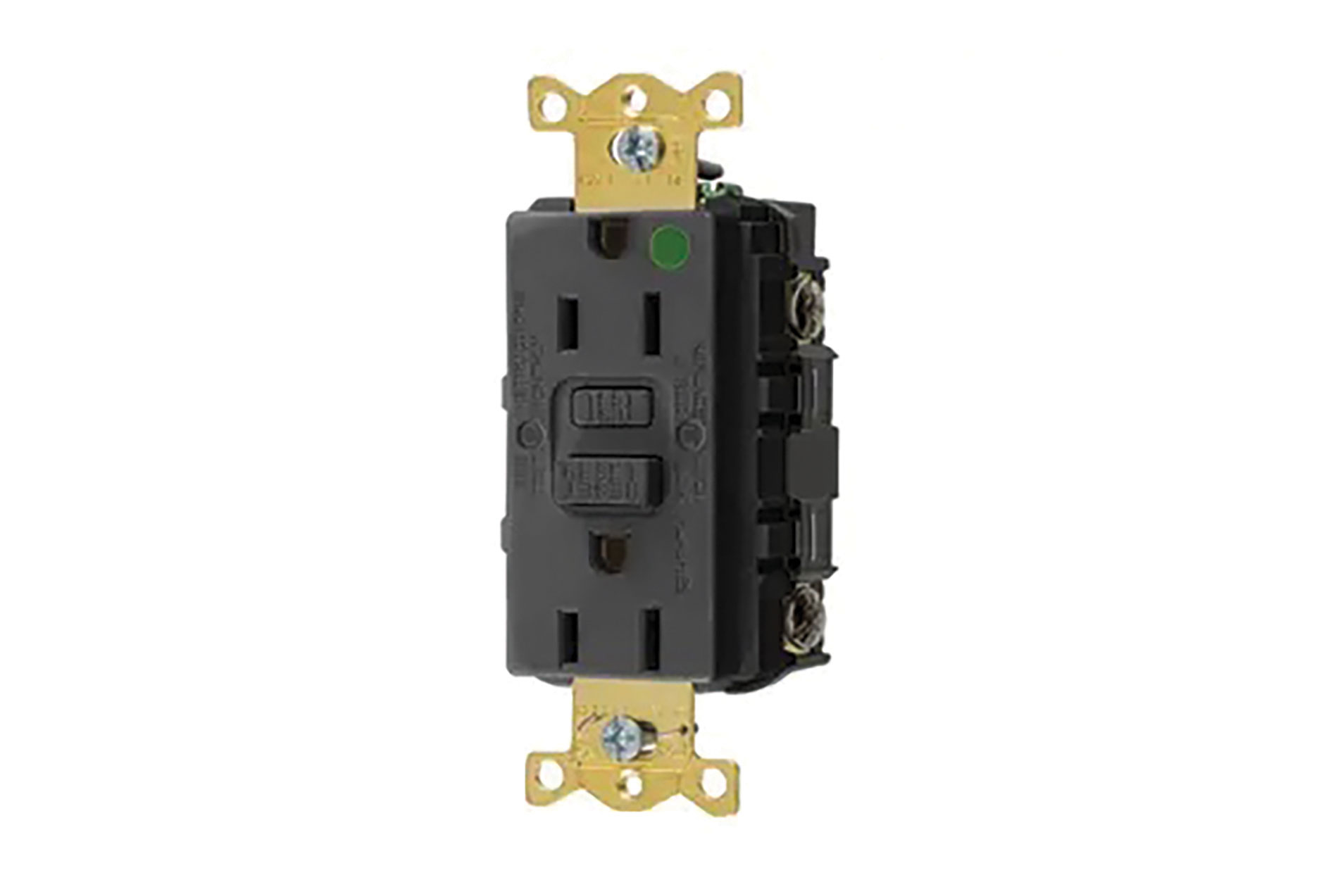 Black and brass GFCI receptacle. Image by Hubbell.