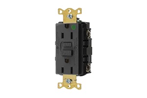 Black and brass GFCI receptacle. Image by Hubbell.