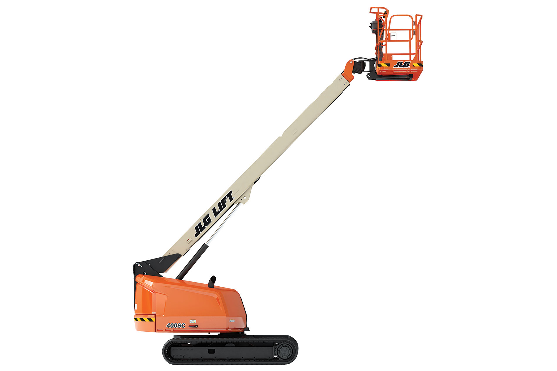 Black, orange and tan boom lift. Image by JLG Industries.