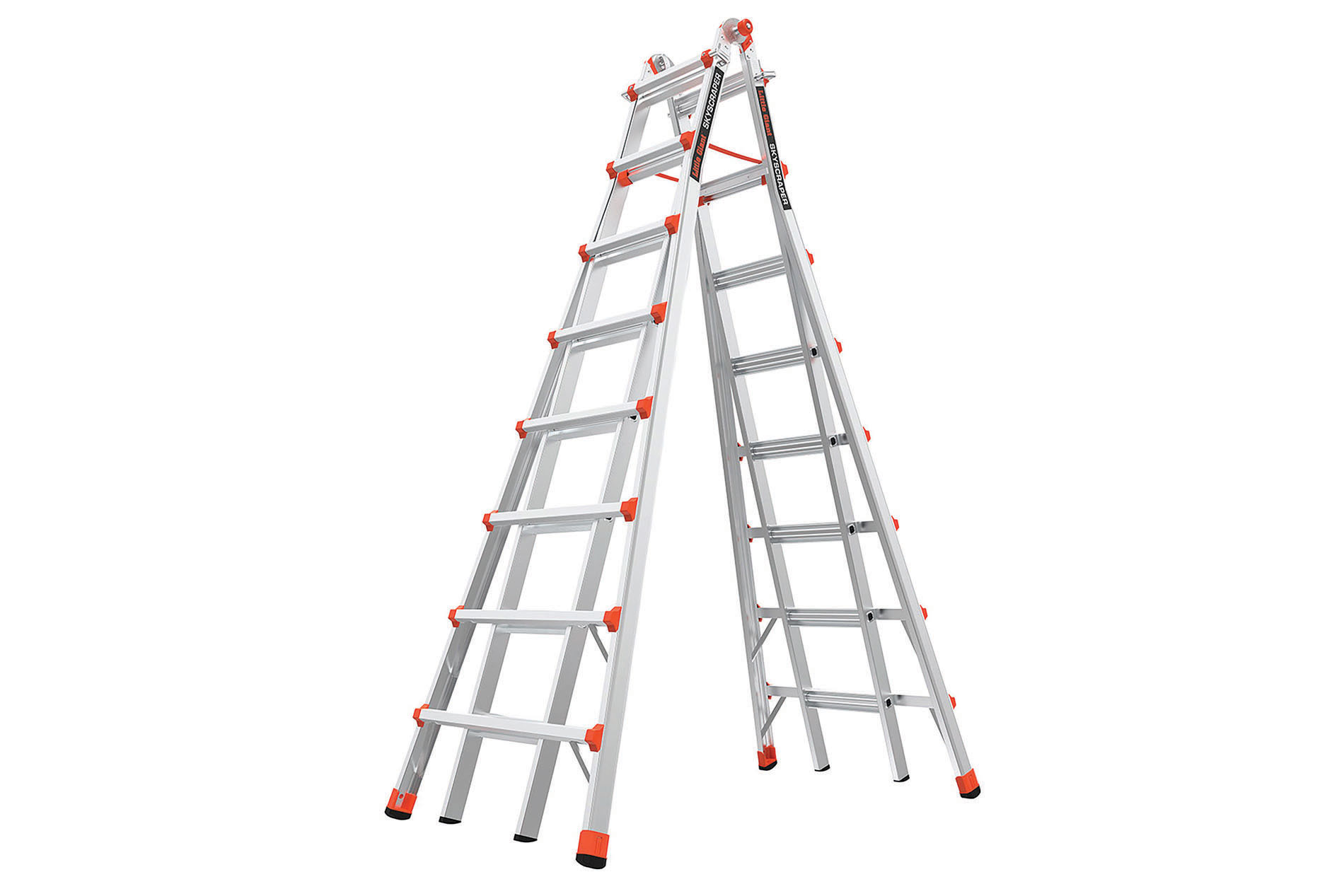 Gray and orange adjustable ladder. Image by Little Giant.