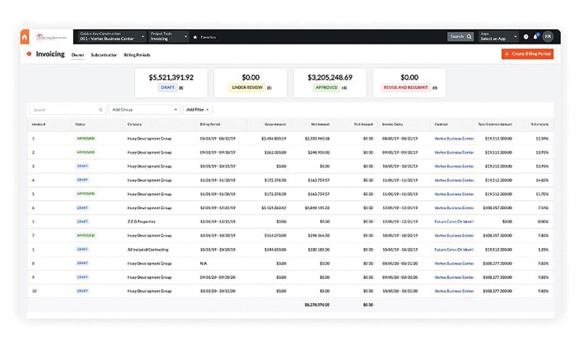 Screenshot of invoice management software. Image by Procore.