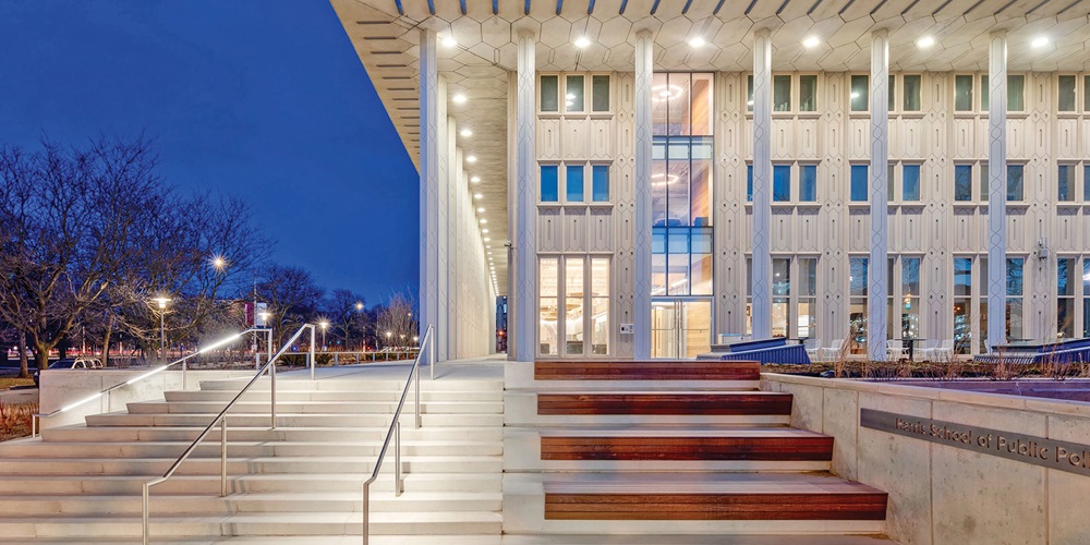 The renovated University of Chicago Keller Center is home to the Harris School of Public Policy was submitted for LEED Platinum certification and the Living Building Challenge Petal Certification.