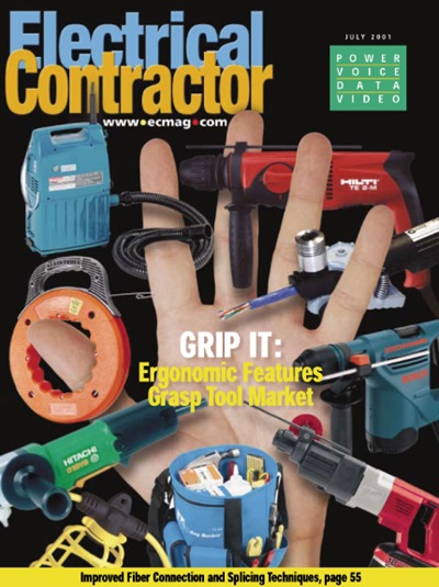 Electrical Contractor cover reading Grip It: Ergonomic Features Grasp Tool Market with a photo of a hand surrounded by hand tools.