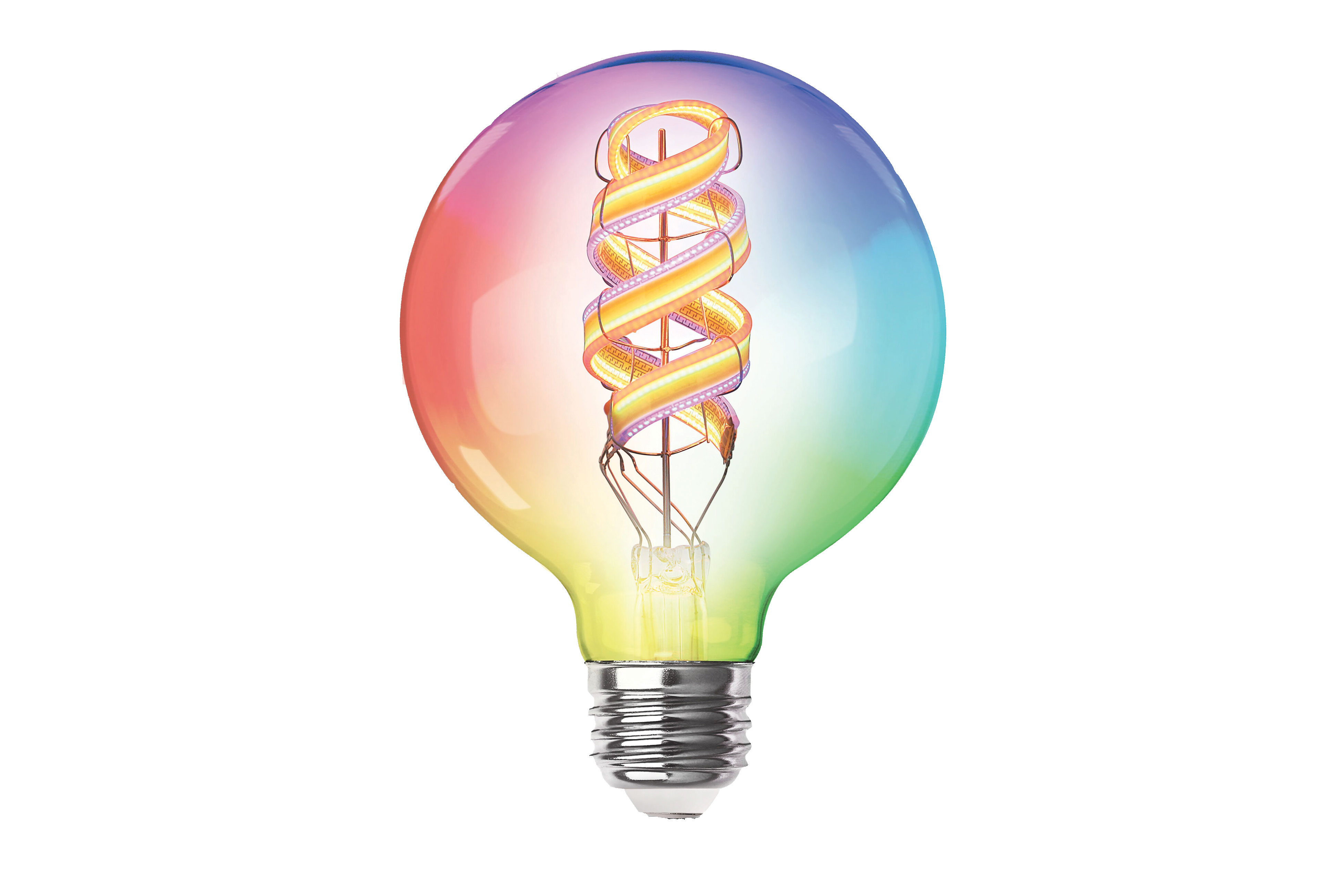 Multicolored lightbulb with a purple and yellow helix filament.