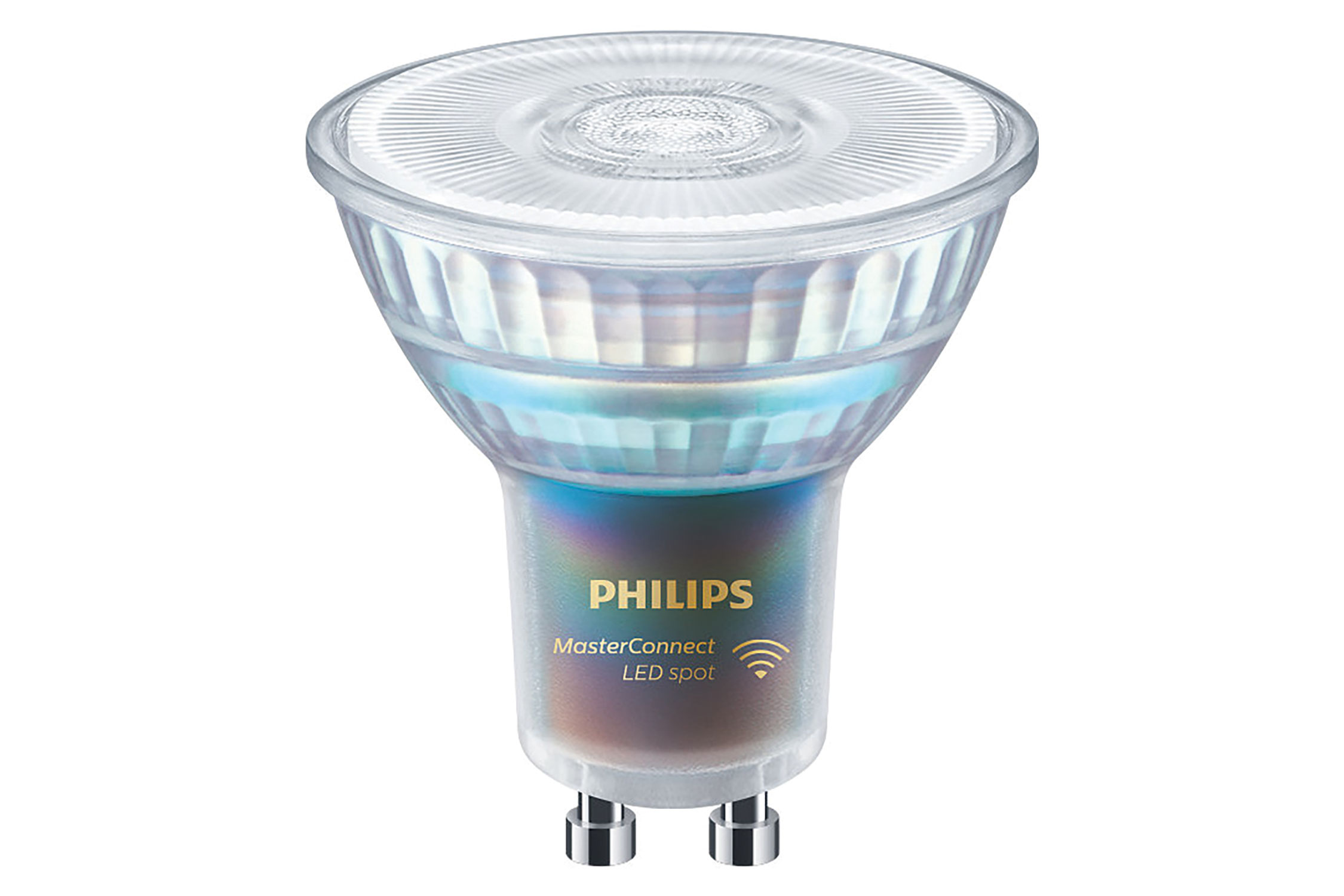 Blue iridescent LED light with a wifi signal and reading Philips MasterConnect LED spot. Image by Philips.