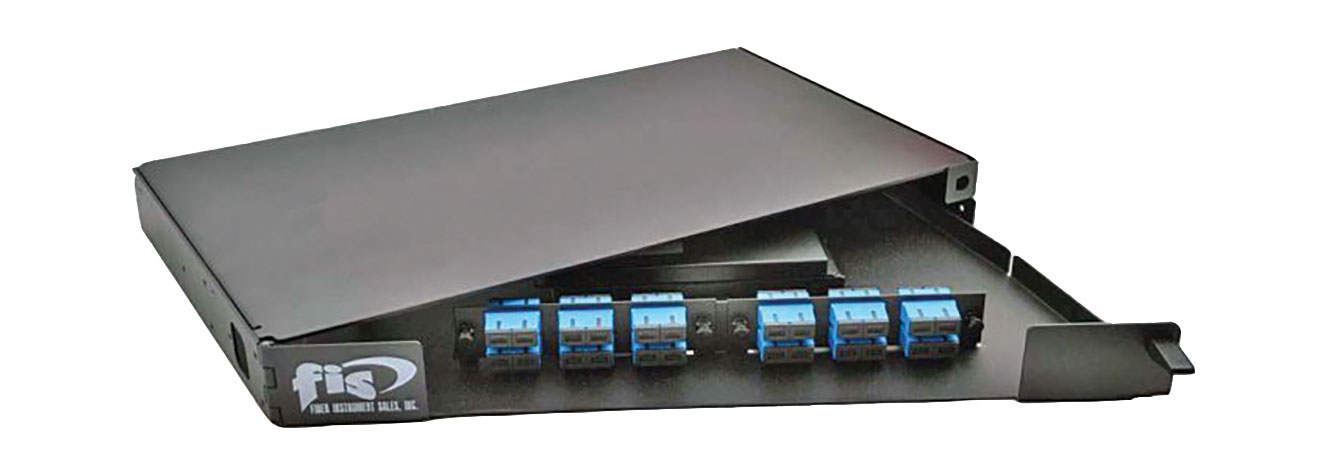 0722_ISC-products_FIS Black and blue swing-out enclosure with FIS logo. Image by Fiber Instrument Sales.
