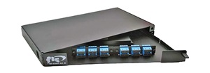 Black and blue swing-out enclosure with FIS logo. Image by Fiber Instrument Sales.