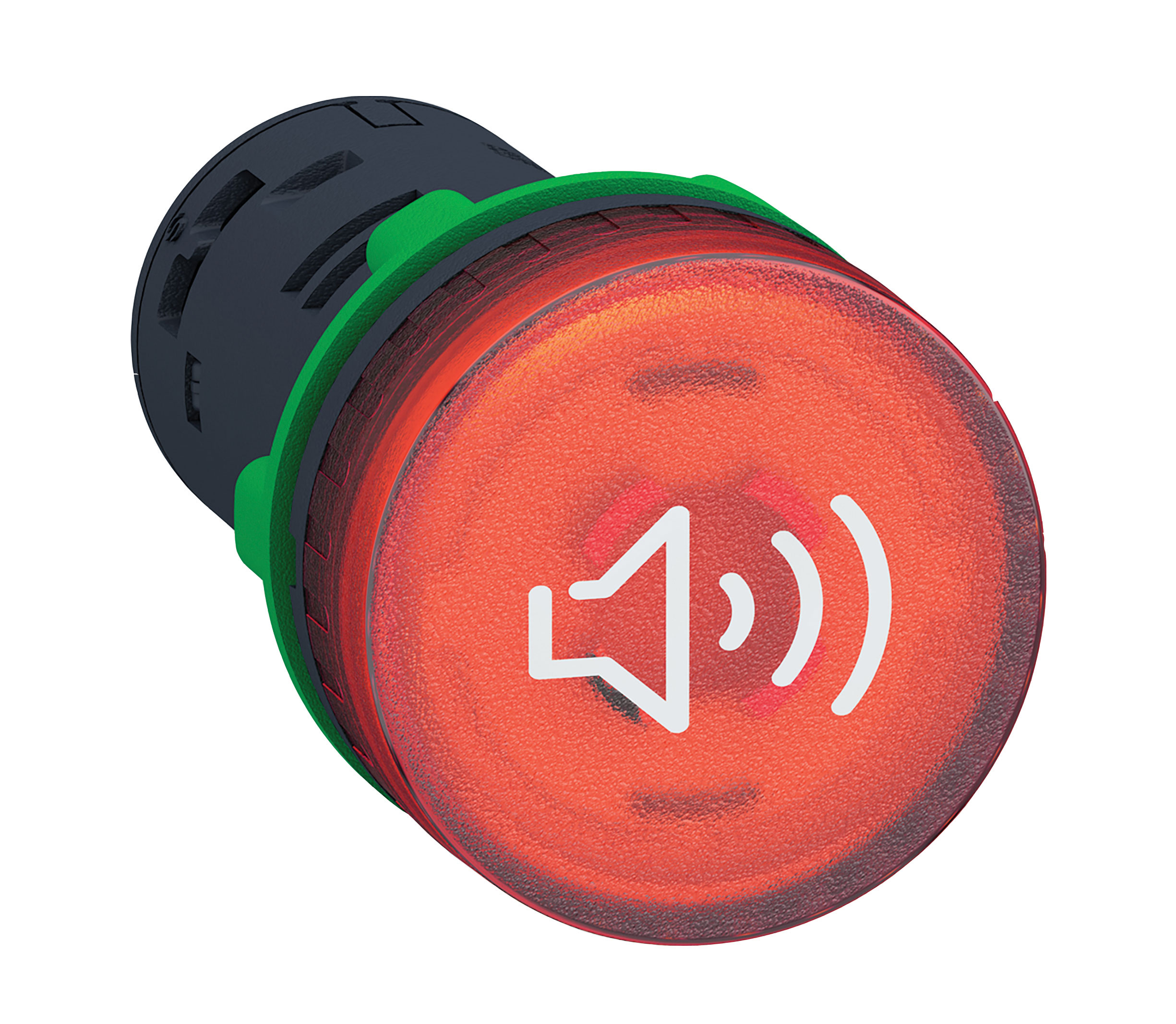 Green and orange buzzer with a sound icon. Image by Viking Electronic.