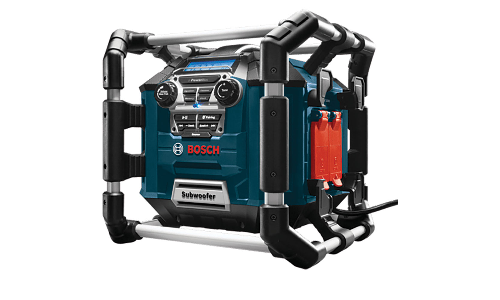 Blue, black and red stereo reading Bosch Subwoofer. Image by Bosch.