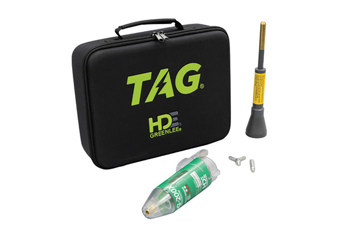 0722_New_Greenlee Black and green bag labeled Tag with a voltage detector and shotgun stick attachment. Image by Greenlee.