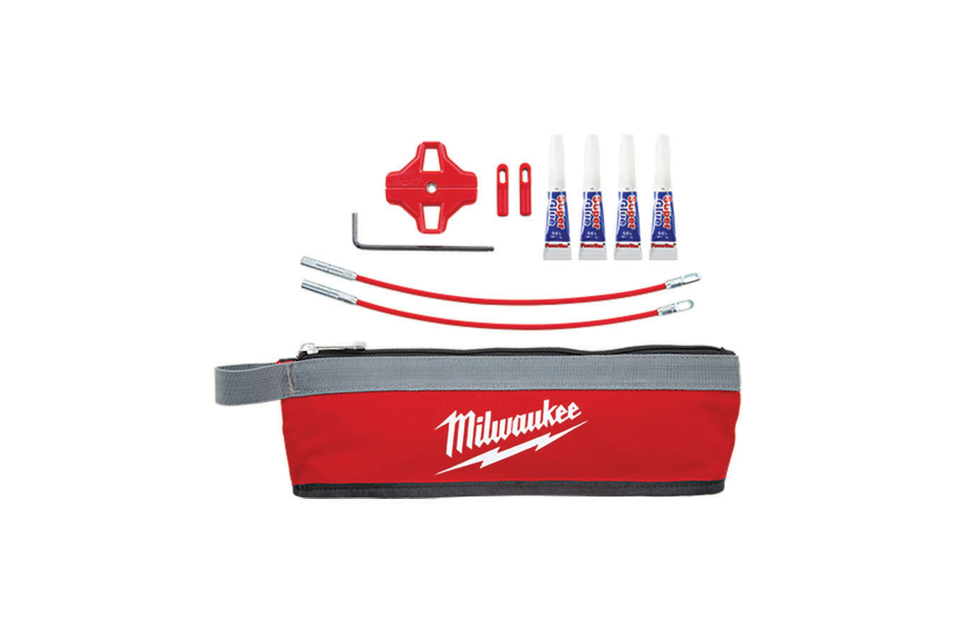 Red, blue and white threader, two nonconducive tips, two swiveling and flexible metal leaders, four tubes of adhesive, a hex key and a bag with the Milwaukee logo. Image by Milwaukee Tool.