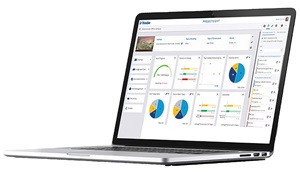 A laptop with software and pie charts on the screen. Image by Trimble.
