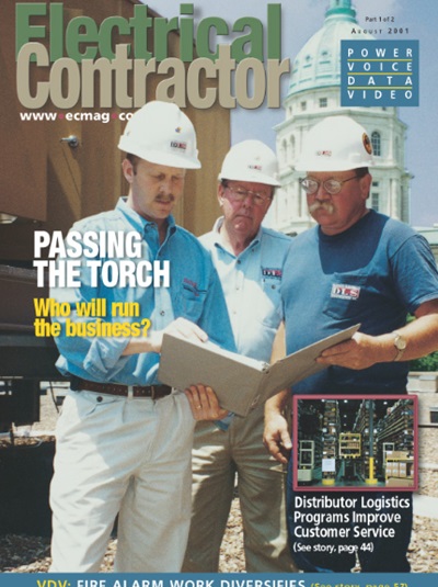 Electrical Contractor cover reading Passing the Torch Who will run the business? with a photo of three men in hard hats looking at a binder.