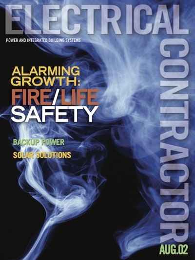 Electrical Contractor cover reading Alarming Growth: Fire/Life Safety with a picture of smoke against a black background.