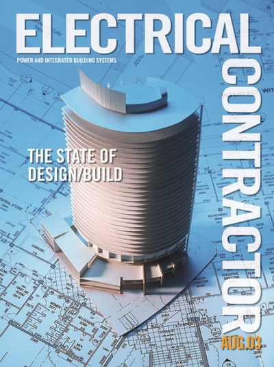 Electrical Contractor cover reading the State of Design/Build with a photo of a skyscraper model atop building plans.