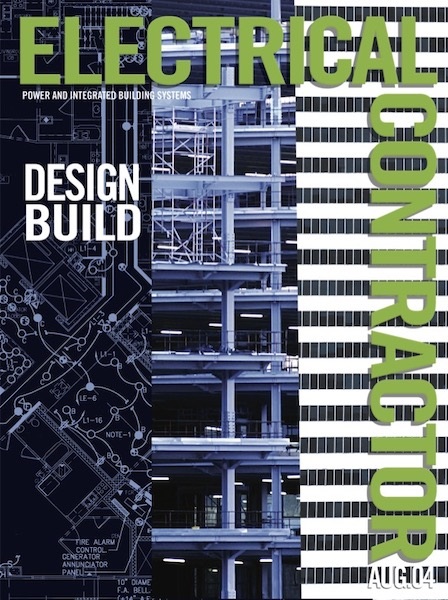 Electrical Contractor cover reading Design Build with a collage of electrical plans, construction and a finished building.