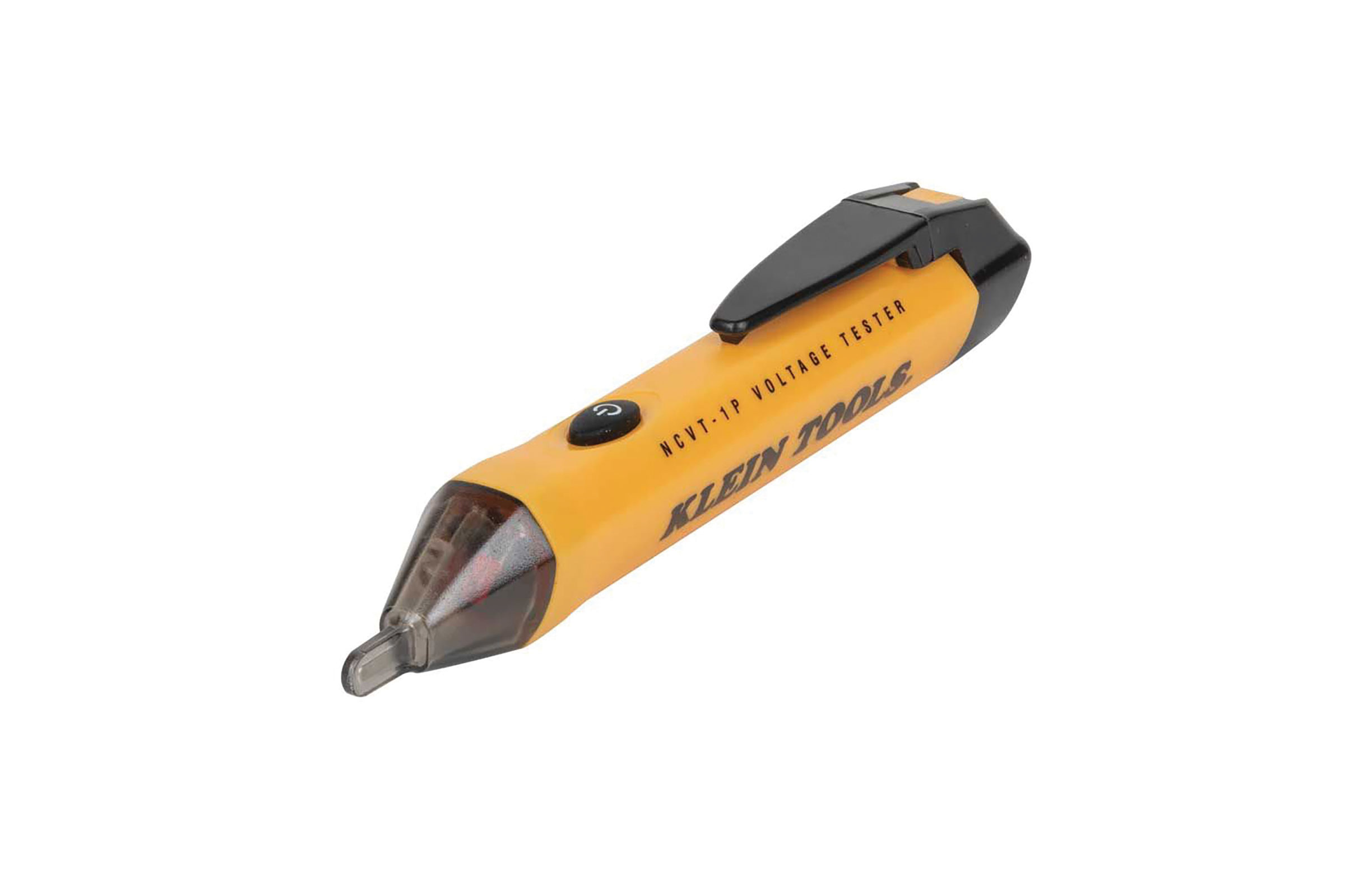 Yellow and gray voltage tester pen. Image by Klein Tools.