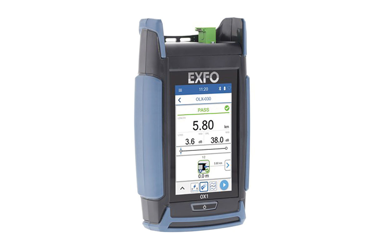Gray, blue and green fiber multimeter with digital display. Image by EXFO, Inc.