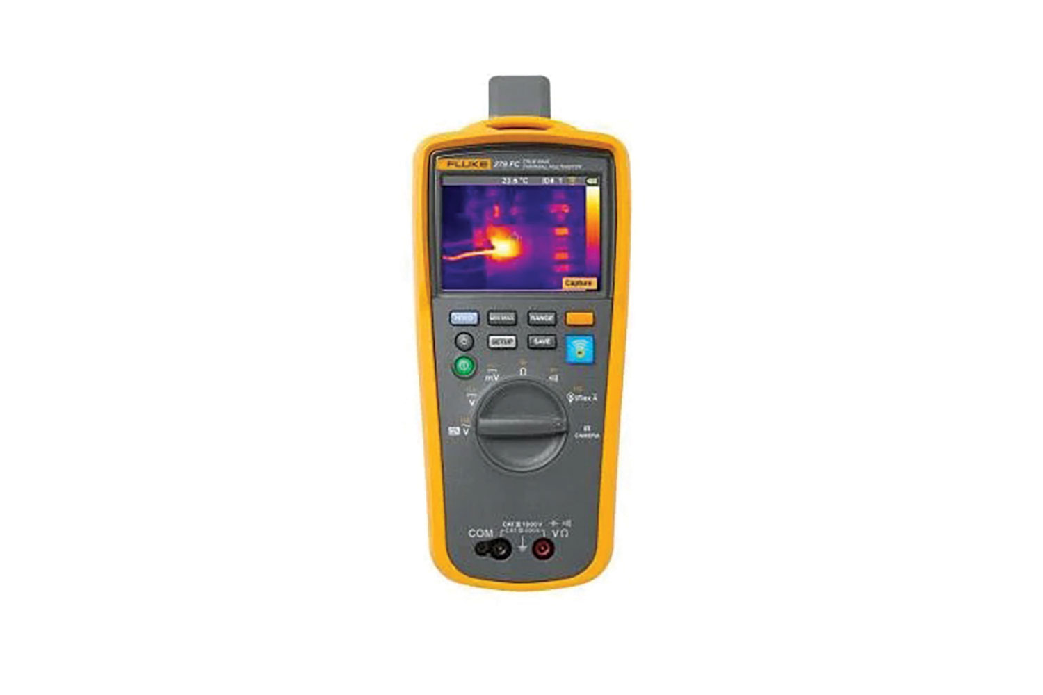 Gray and yellow thermal multimeter with a thermal image onscreen. Image by Fluke.
