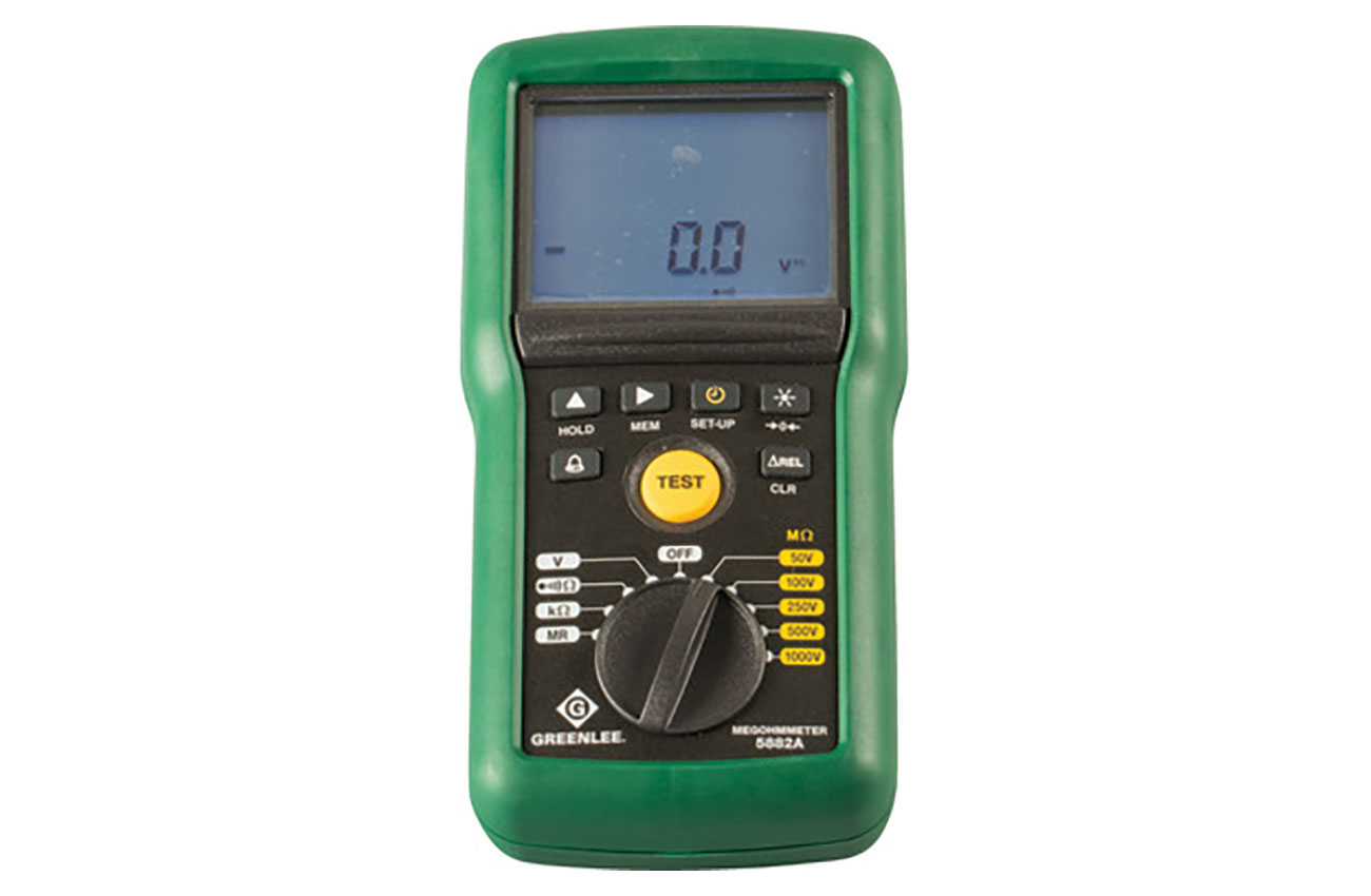 Black, green and yellow megohmmeter. Image by Greenlee.