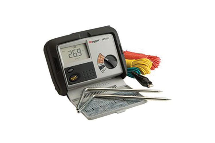 0822_Featured_Megger Black and gray terminal ground resistance tester with leads and stakes. Image by Megger.