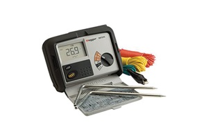 Black and gray terminal ground resistance tester with leads and stakes. Image by Megger.