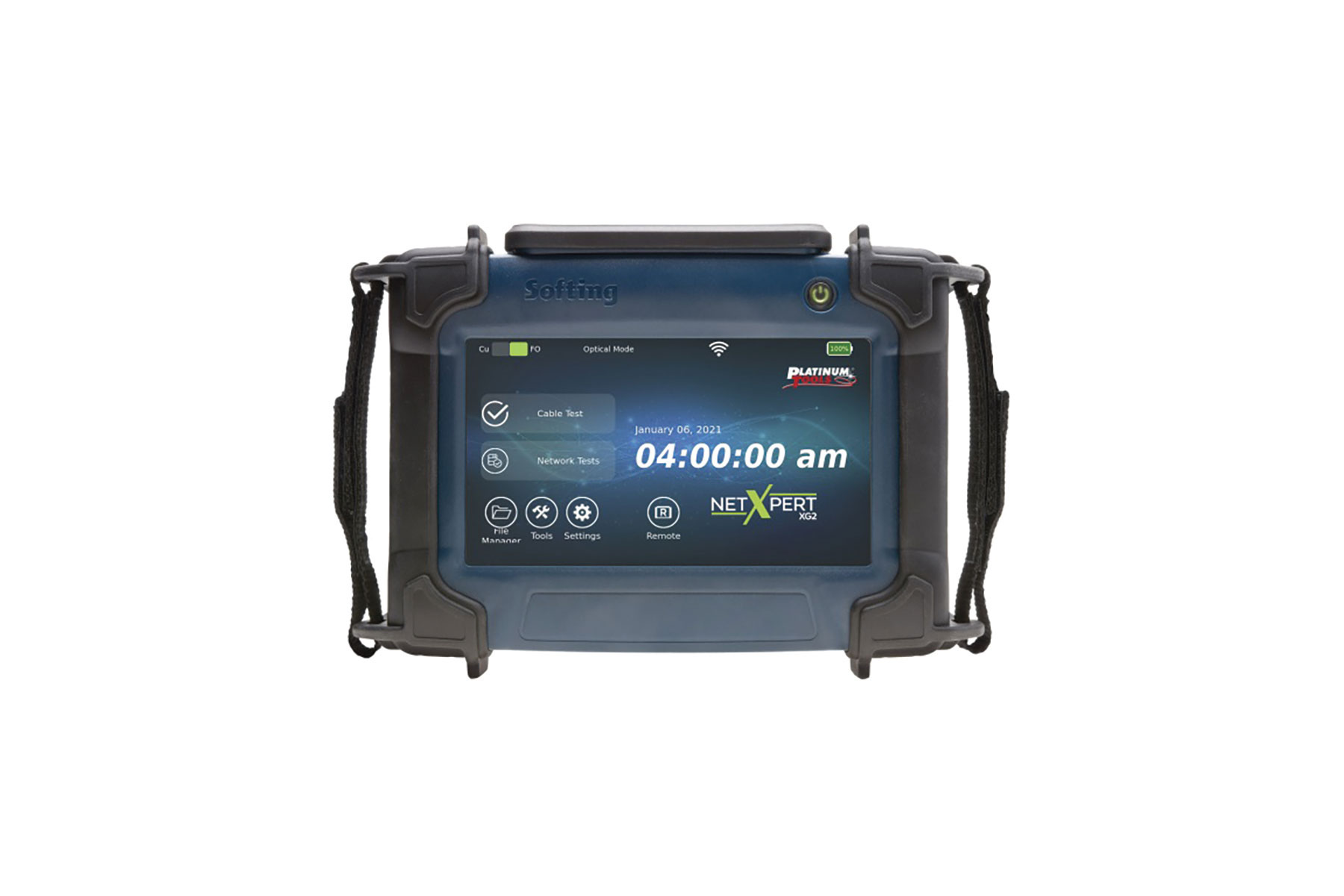 Black and blue network tester with large digital screen. Image by Platinum Tools.