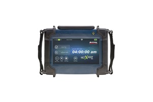 Black and blue network tester with large digital screen. Image by Platinum Tools.