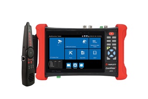 Black and red security camera tester with large digital display and attached receiver. Image by Triplett.