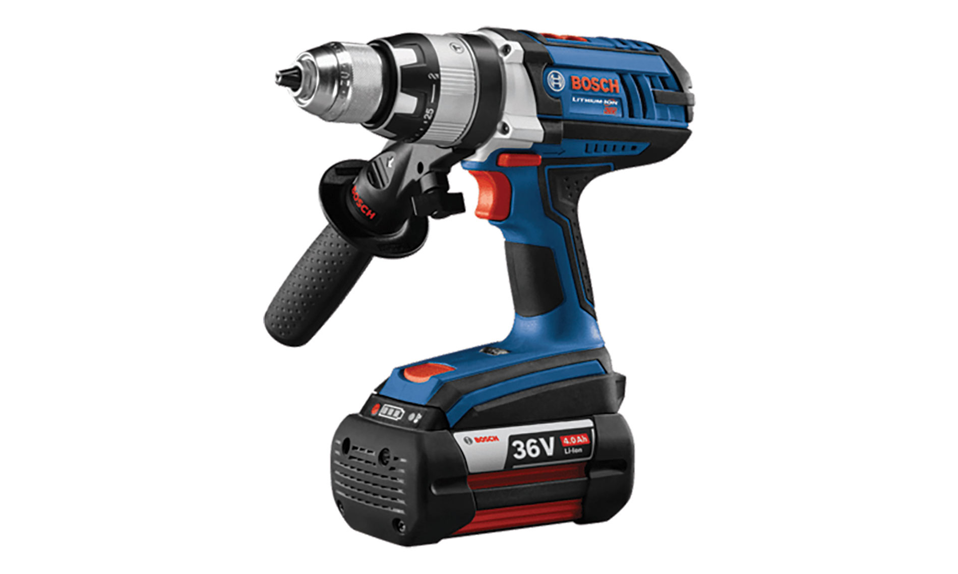 Black, blue and red drill and driver with Bosch logo. Image by Bosch.