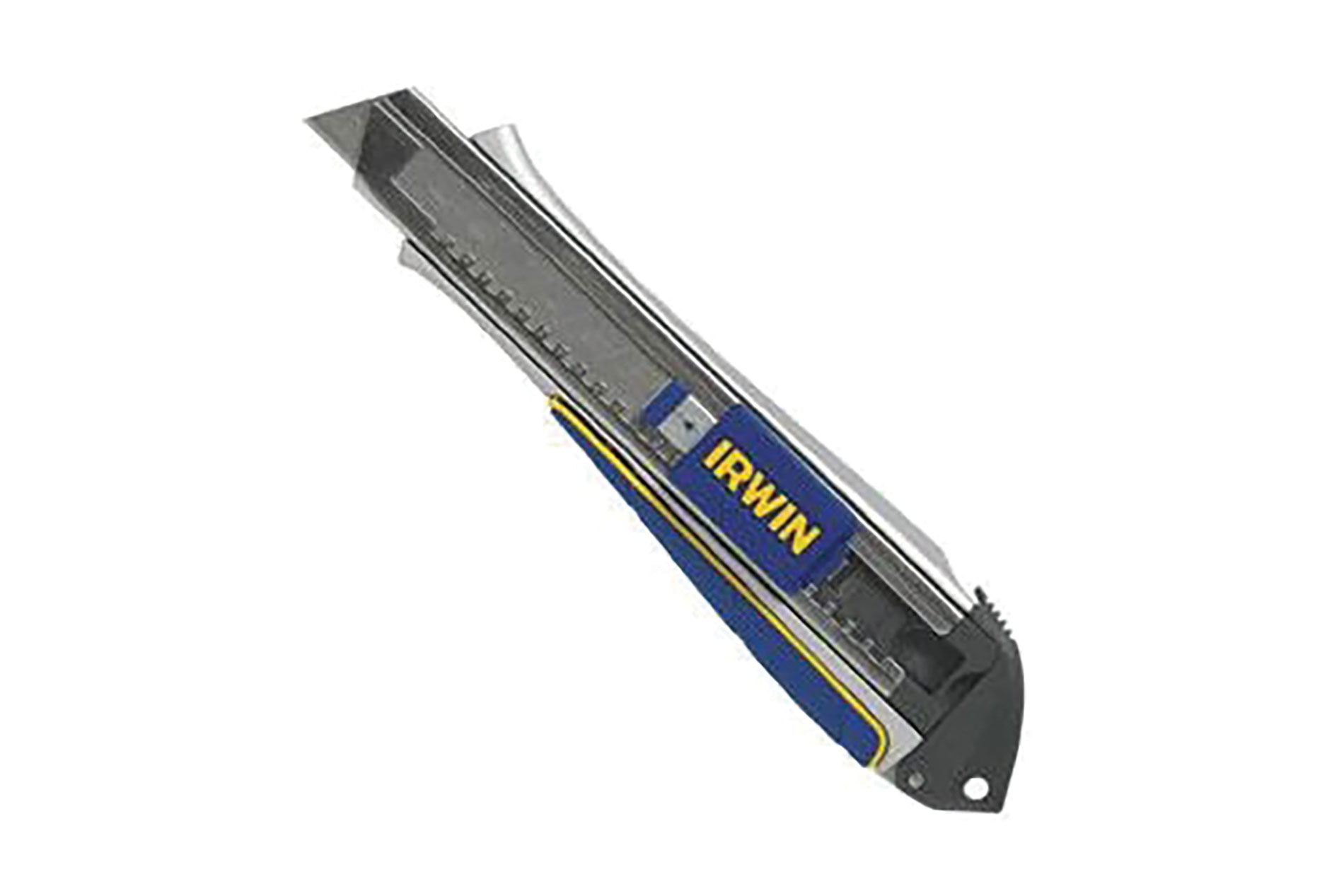 Gray knife with blue and yellow Irwin logo. Image by Irwin Tools.
