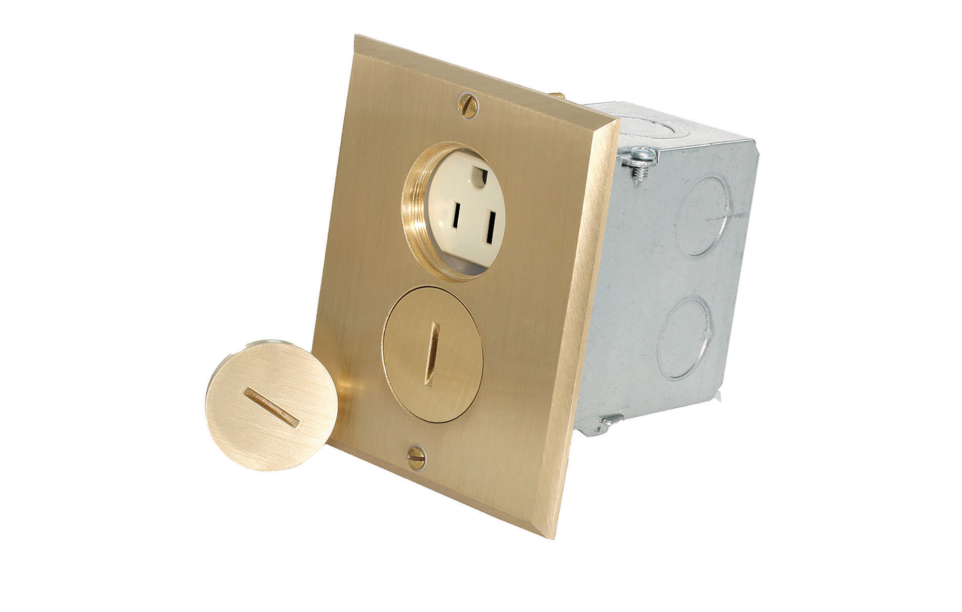 Gold and silver receptacle floor box. Image by Leviton.