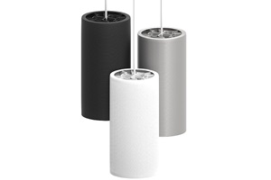 Black, gray and white pendant luminaires. Image by Signify.