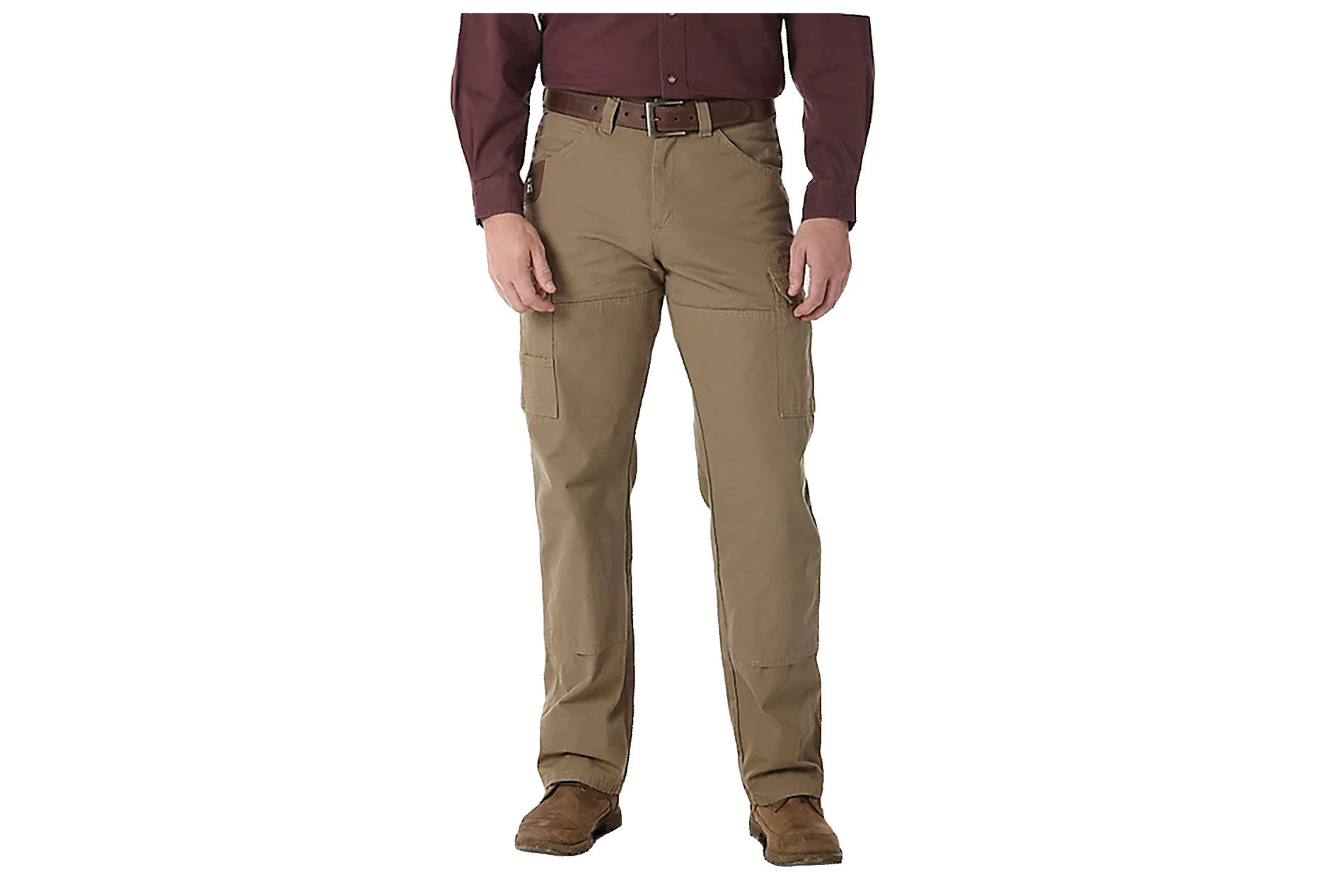 A man wears brown pants. Image by Wrangler.