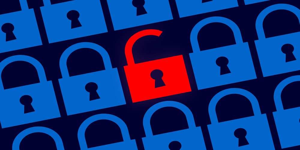 Illustration of numerous padlocks, one stands out in red and opened