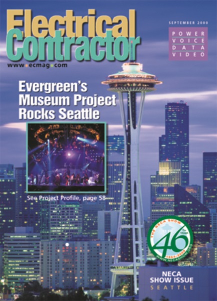 Electrical Contractor cover reading Evergreen's Museum Project Rocks Seattle with a blue-toned image of Seattle's skyline and Space Needle.