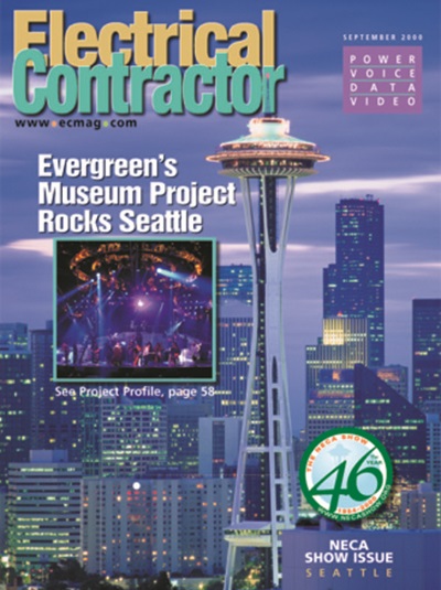 Electrical Contractor cover reading Evergreen's Museum Project Rocks Seattle with a blue-toned image of Seattle's skyline and Space Needle.