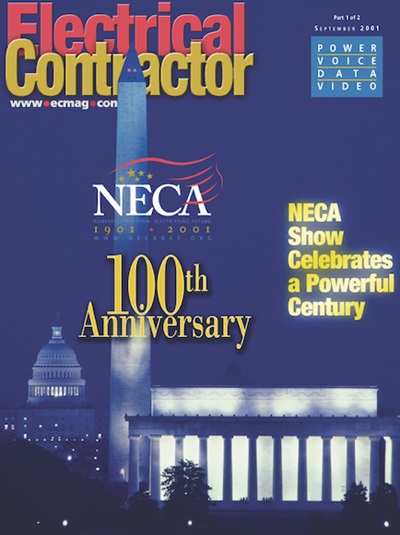 Electrical Contractor cover reading NECA 100th Anniversary over a blue photo of the Washington Monument, Lincoln Memorial and Capitol building.