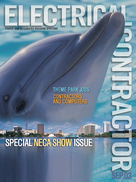 Electrical Contractor cover reading Special NECA Show Issue with an image of a dolphin over an ocean and city skyline.