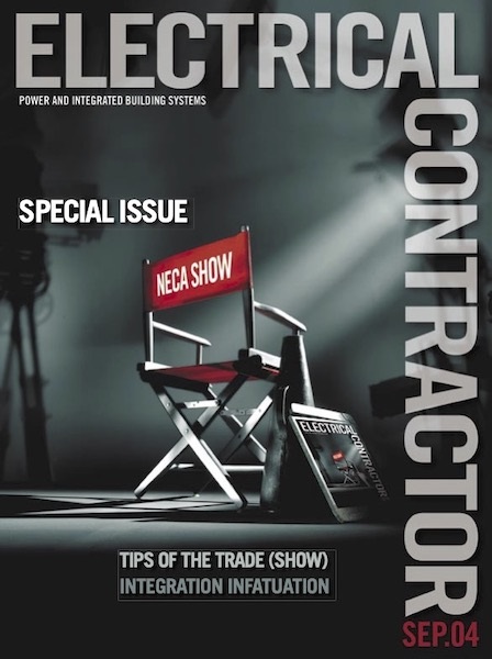 Electrical Contractor cover reading Special Issue Tips of the Trade (Show) with an image of a red director's chair reading NECA SHOW.