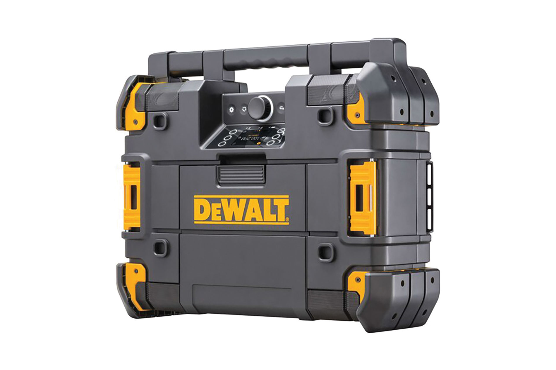 Large gray radio case with yellow accents and yellow DeWalt logo. Image by DeWalt.