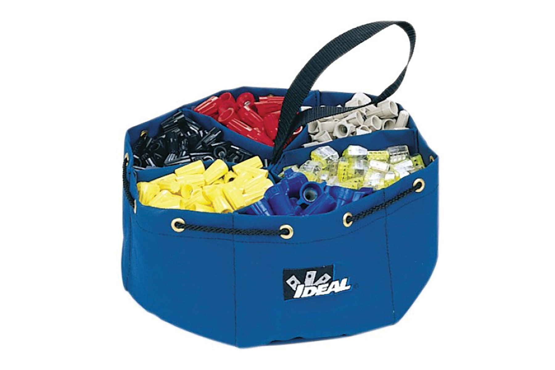 Blue round pouch with five sections and multicolored pieces in each section. Image by Ideal Industries.