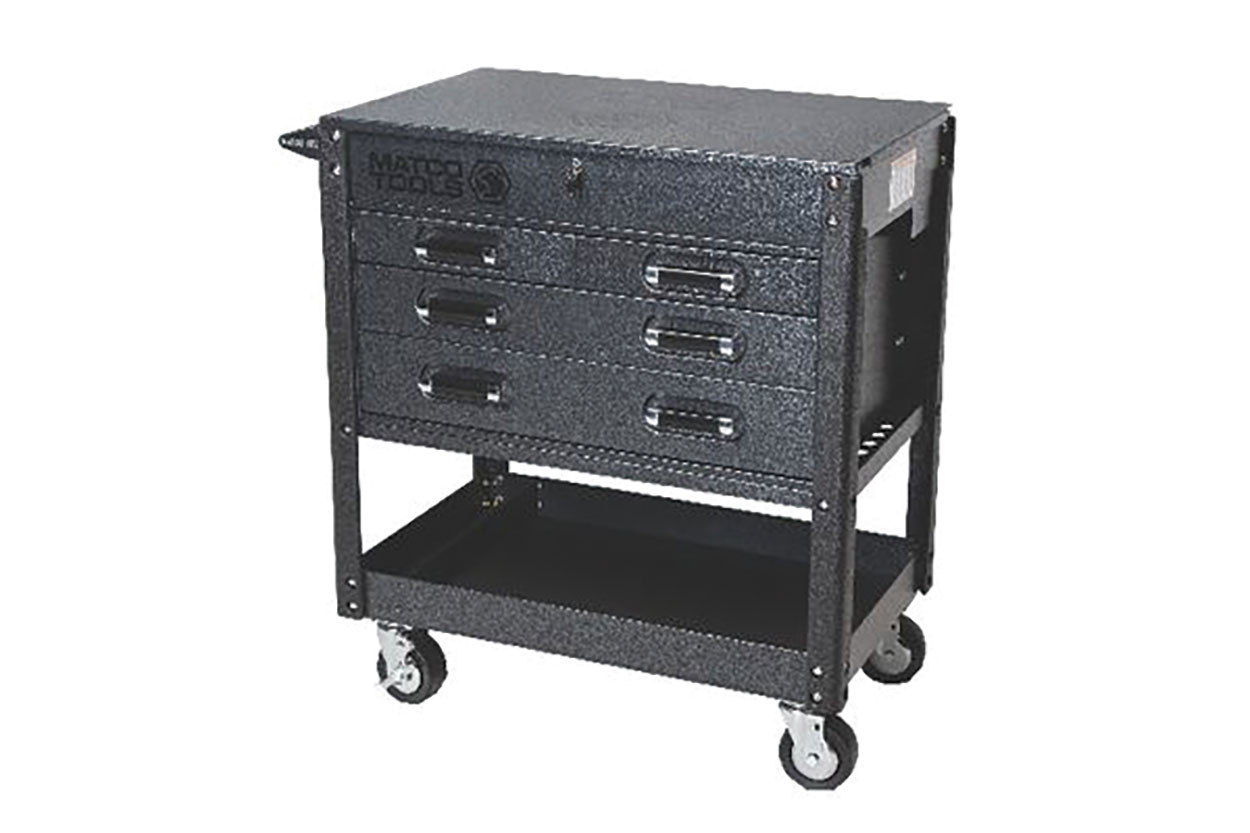 Gray tool chest with four drawers, wheels and a bottom shelf. Image by Matco Tools.