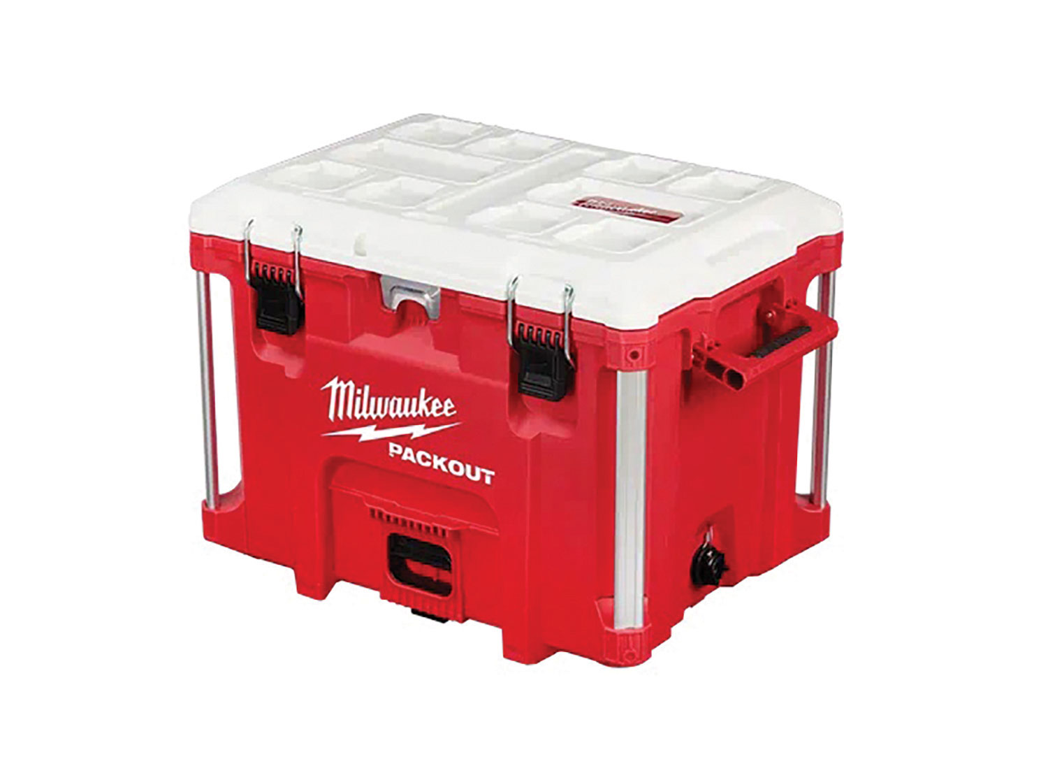 Red cooler with metal posts and the Milwaukee logo. Image by Milwaukee Tool.