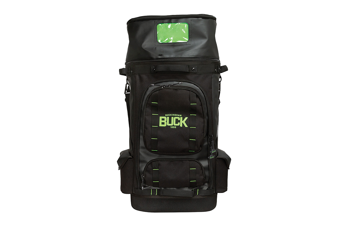 Tall black bag with green accents and green Buck logo. Image by Buckingham.