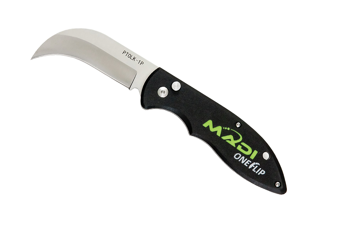 0922_LC_madi Knife with a black handle and green Madi logo. Image by Madi.